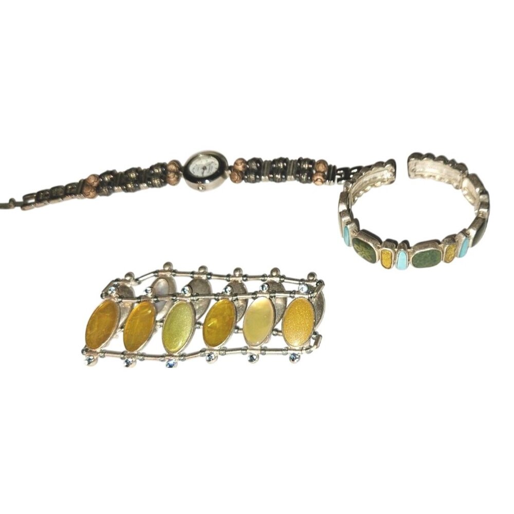 Vintage Jewelry Set Boca Ladies Watch, Enamel Cuff & Enamel Stretch Bracelet